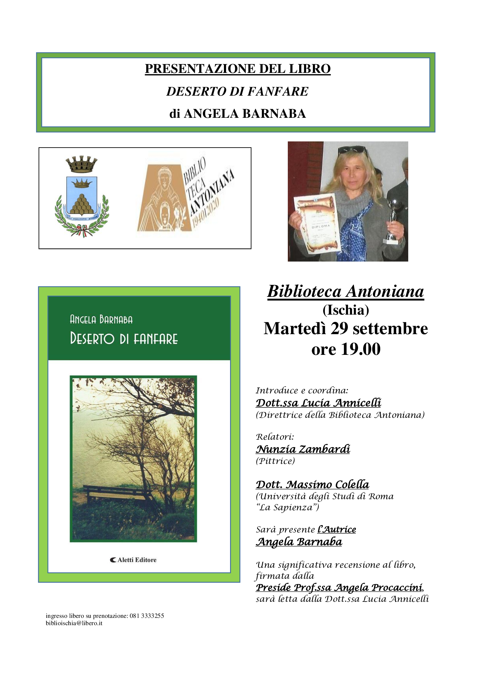 Locandina ANGELA BARNABA Deserto di fanfare Biblioteca Antoniana 29 settembre 2020